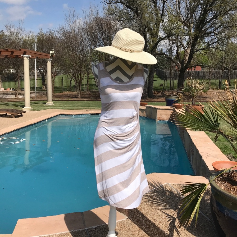 Calvin Klein taupe &white ruched dress.